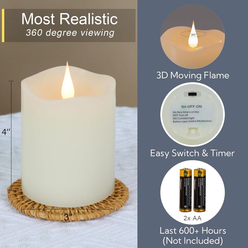 TECHLONG Flameless Candles Battery Operated with Remote Timer, 3D Moving Flame Flickering, Last 600+ Hours Battery Candles, 3" x 4" Ivory Real Wax Electric LED Candle for Wedding Party, Set of 2 - Image 2